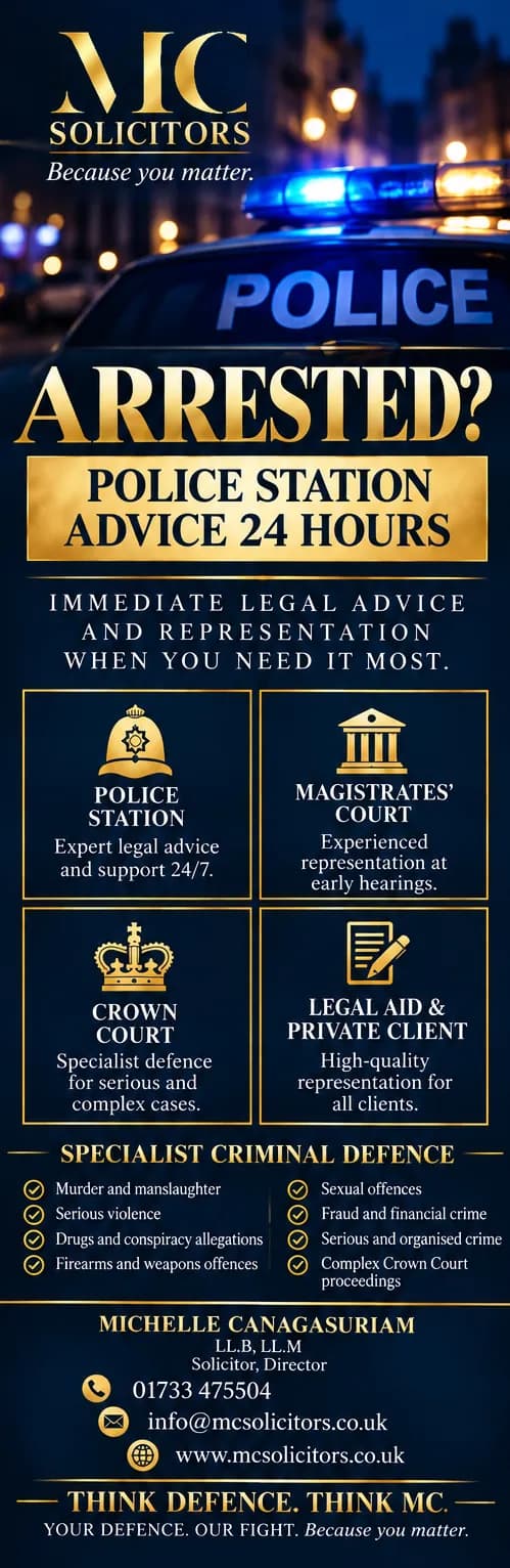 Arrested? Police station advice 24 hours: our services and specialist criminal defence.