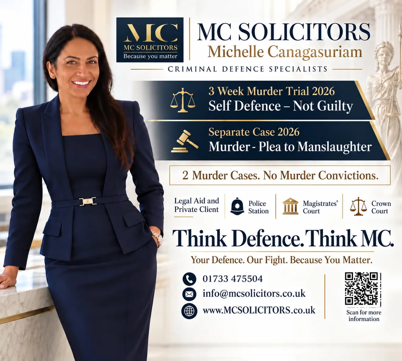 MC Solicitors, Michelle Canagasuriam: 3 week murder trial 2026, self defence, not guilty; separate case 2026, murder, plea to manslaughter. 2 murder cases, no murder convictions.