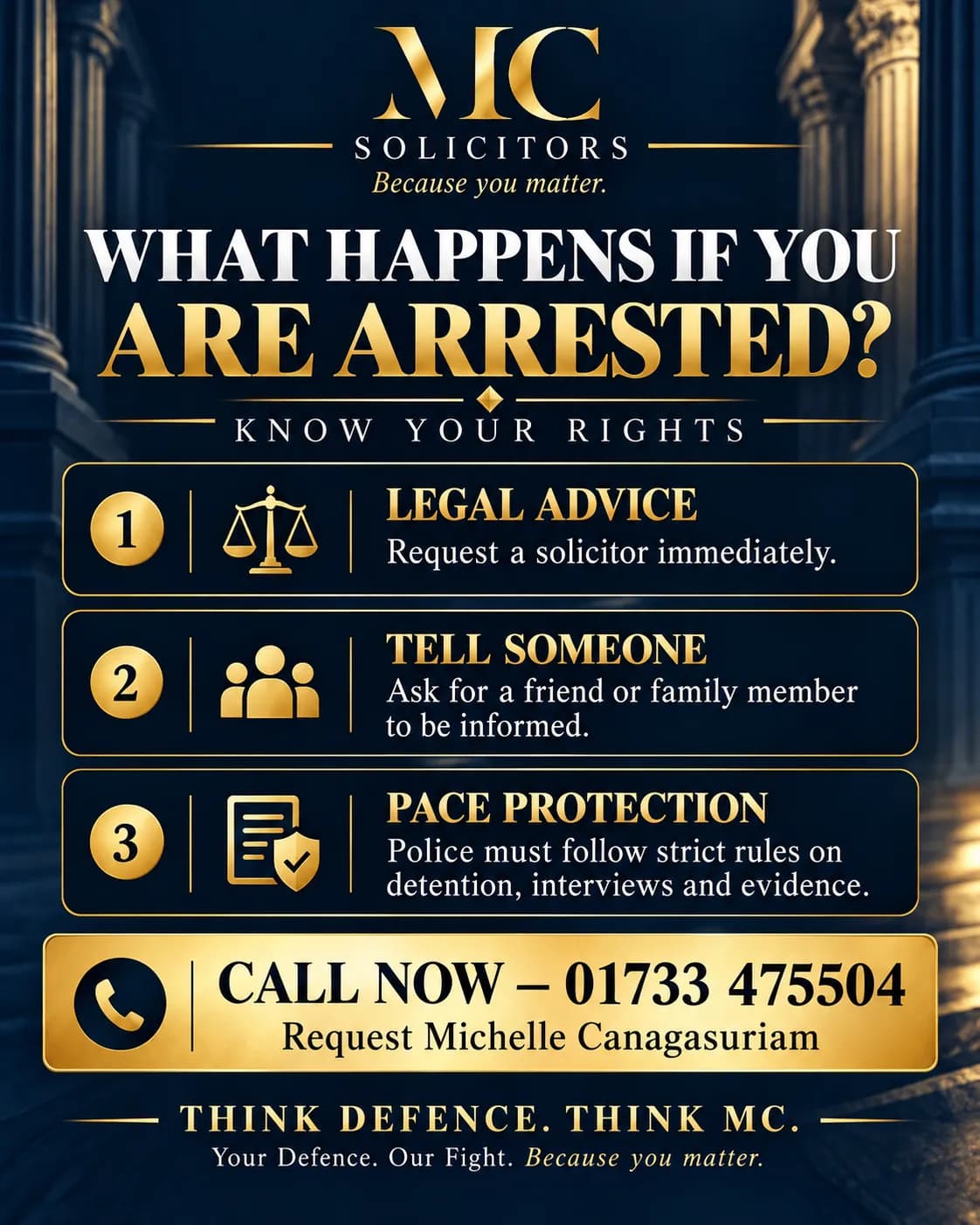 What happens if you are arrested? Legal advice, tell someone, PACE protection. Call now 01733 475504.