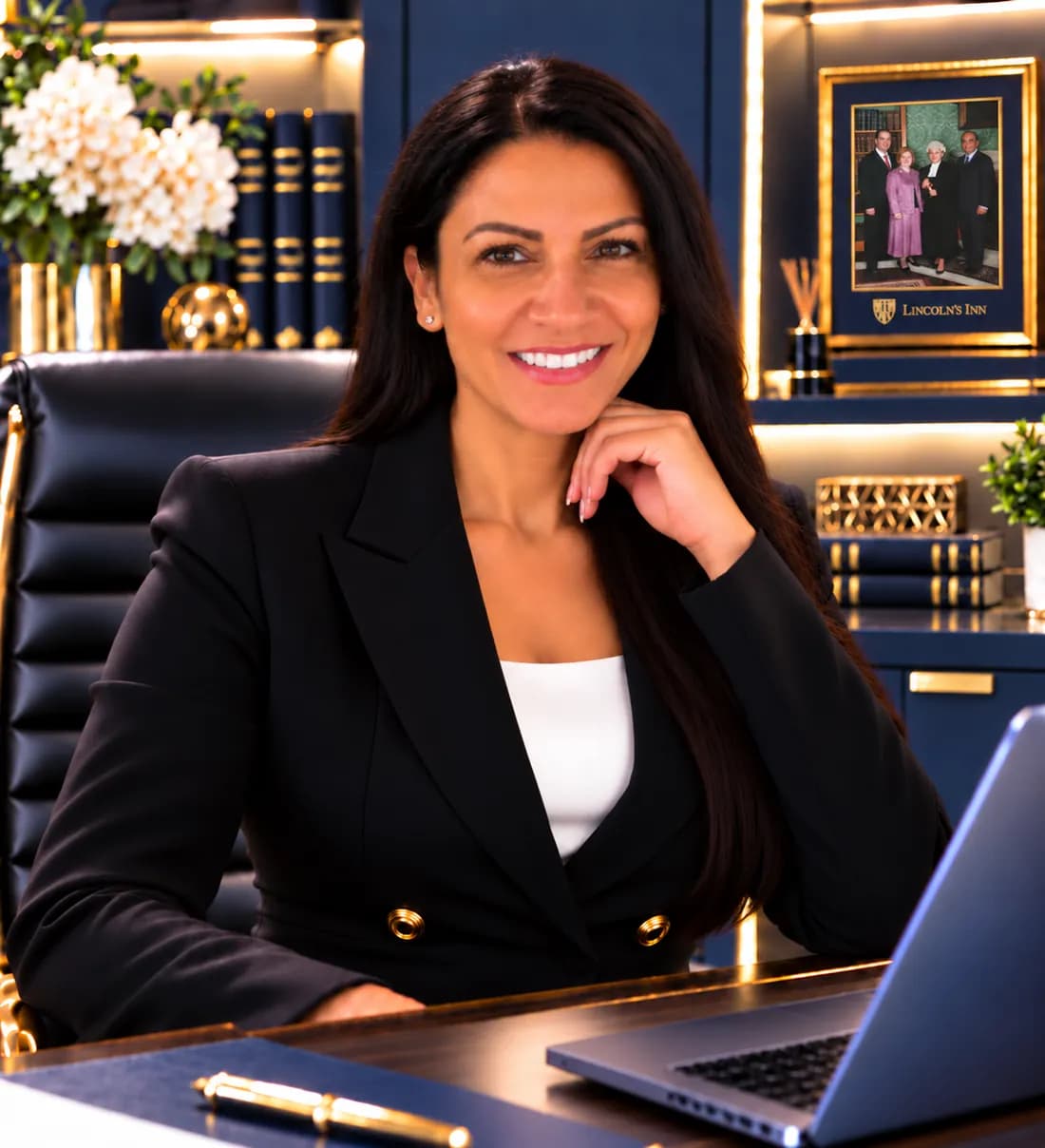 Michelle Canagasuriam at her desk, with her Lincoln’s Inn call photograph behind her